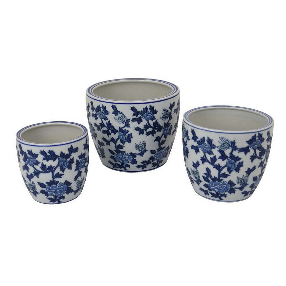 Garden Planter Set of 3 Vintage Style White Blue Floral Ceramic BM331481