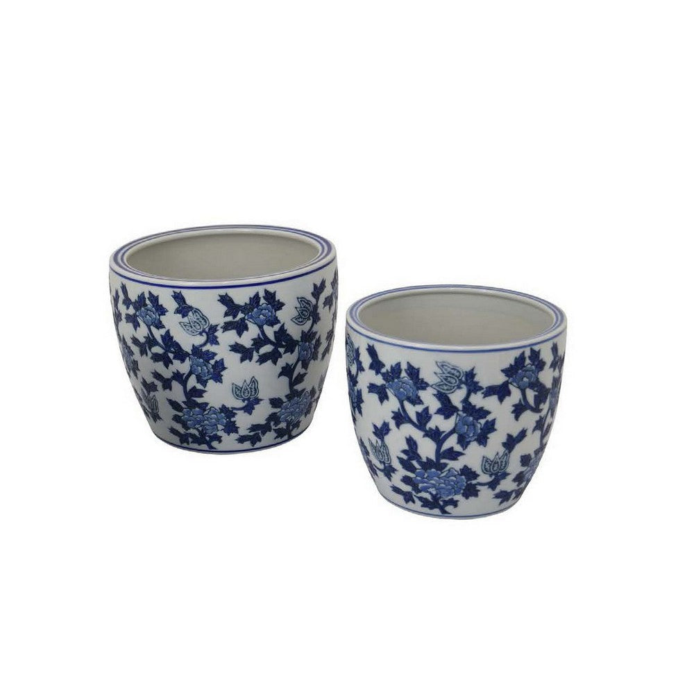 Garden Planter Set of 3 Vintage Style White Blue Floral Ceramic BM331481