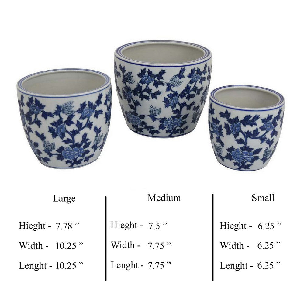 Garden Planter Set of 3 Vintage Style White Blue Floral Ceramic BM331481