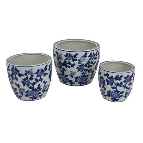 Garden Planter Set of 3, Vintage Style White Blue Floral Ceramic