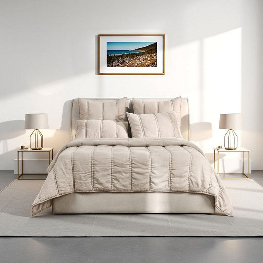 Rawi Queen Quilt, Beige Sustainable Channel Stitch Ramie and Cotton