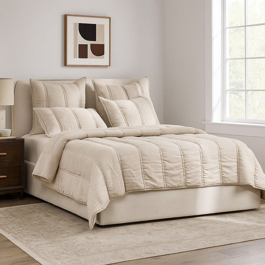 Rawi King Quilt, Beige Sustainable Channel Stitch Ramie and Cotton