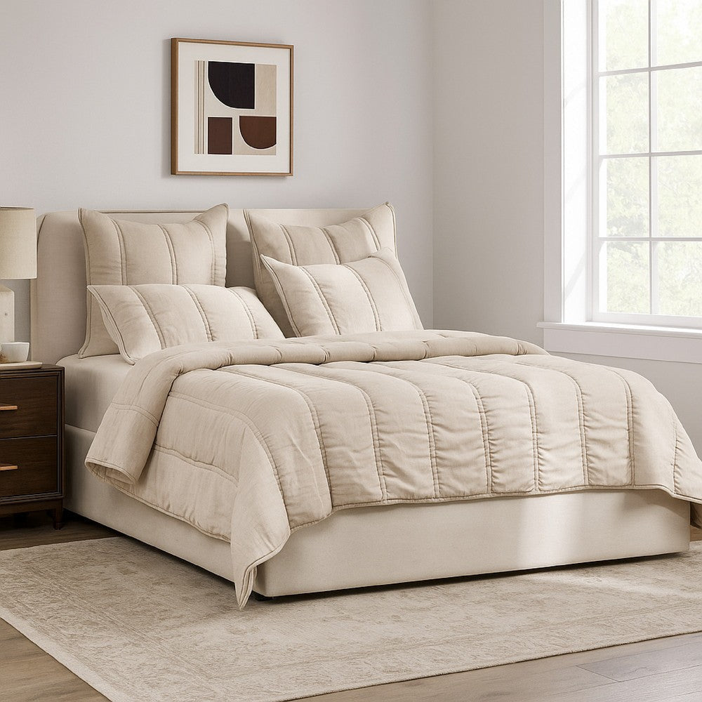 Rawi King Quilt, Beige Sustainable Channel Stitch Ramie and Cotton