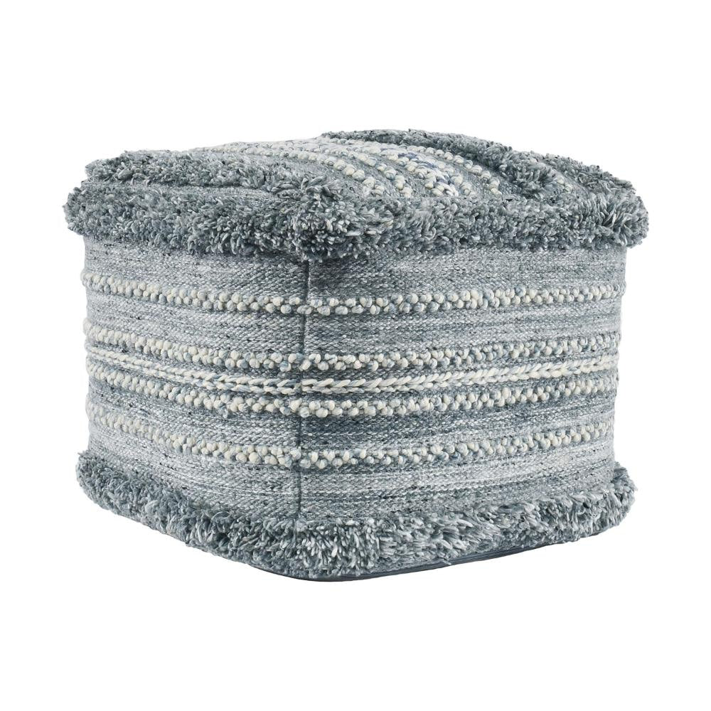 Kobi Square Ottoman Pouf, 18 Inch Blue Polyester, Boho Knitted Texture
