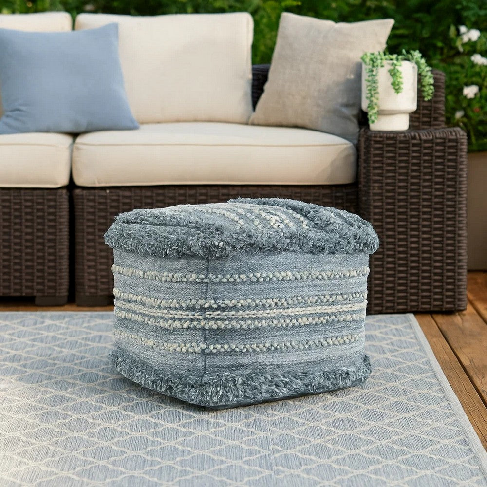 Kobi Square Ottoman Pouf, 18 Inch Blue Polyester, Boho Knitted Texture