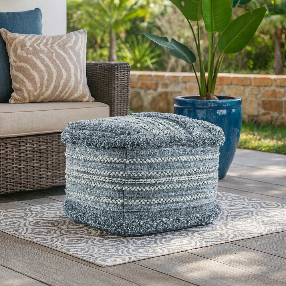 Kobi Square Ottoman Pouf, 18 Inch Blue Polyester, Boho Knitted Texture