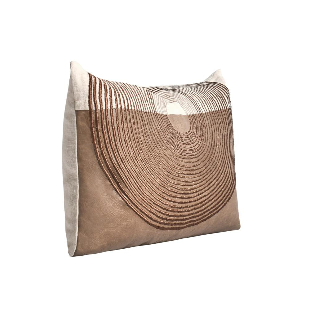 Lumbar Pillow Round Embroidered Leather 14x20 Inch Brown Flax Linen BM331517