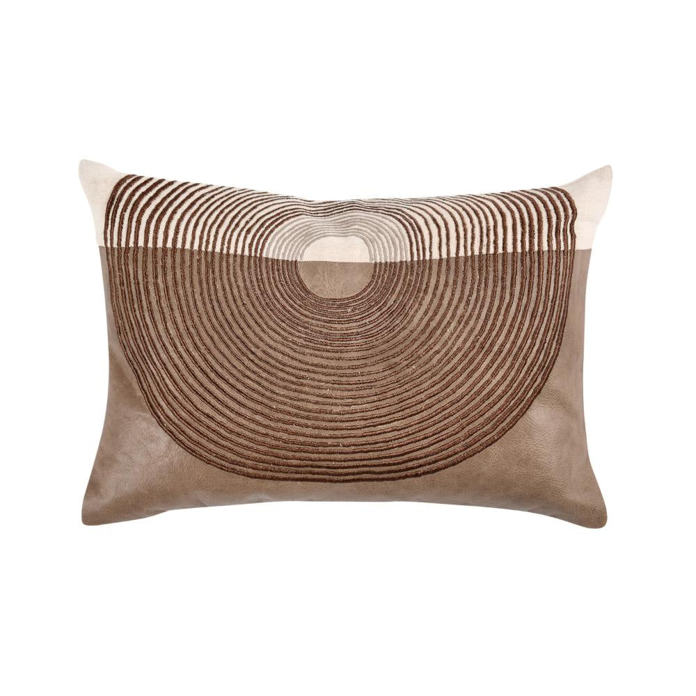 Lumbar Pillow, Round Embroidered Leather, 14x20 Inch Brown Flax Linen