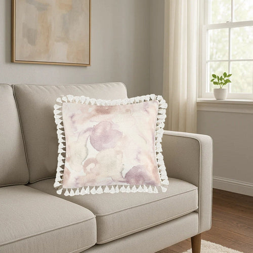 Luos Throw Pillow, Tasseled Edges, 20 Inch Pink Cotton Linen Blend