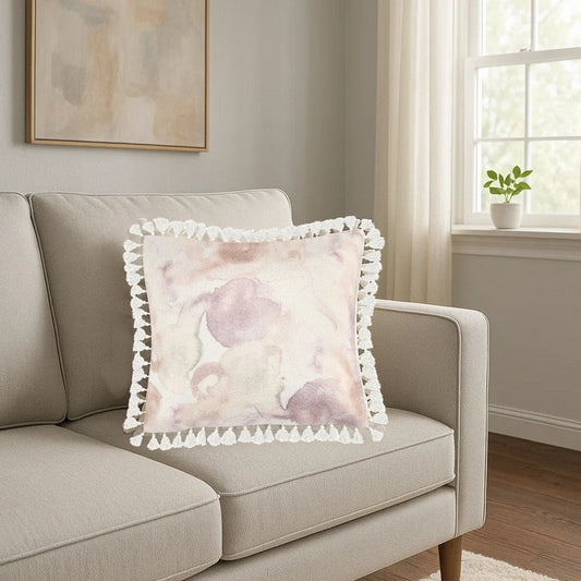Luos Throw Pillow, Tasseled Edges, 20 Inch Pink Cotton Linen Blend