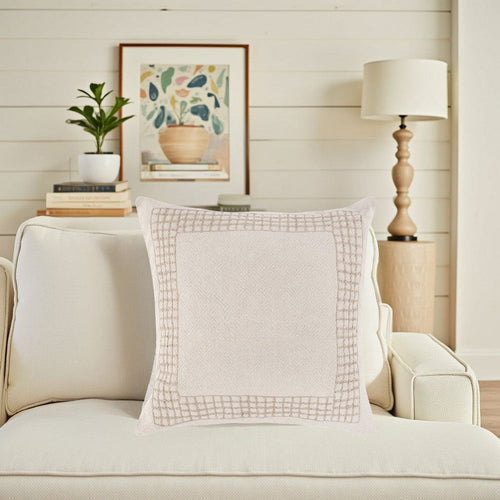 Throw Pillow, Jute Linen Embroidery Pattern, Square 26 Inch Beige