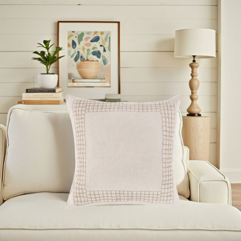 Throw Pillow, Jute Linen Embroidery Pattern, Square 26 Inch Beige