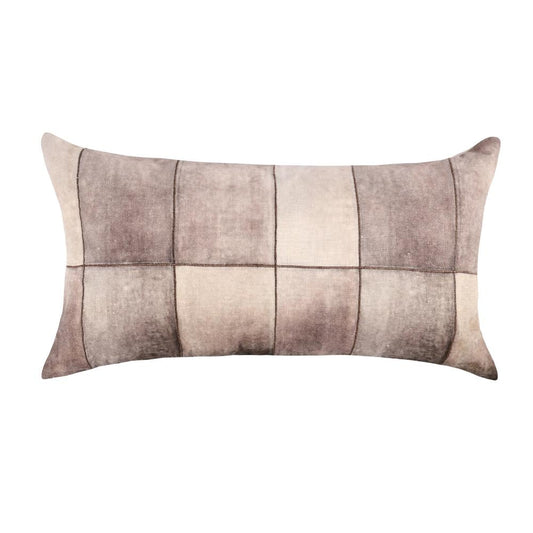 Loko Lumbar Pillow, 14x26 Inch Metallic Embroidery, Brown Flax Linen