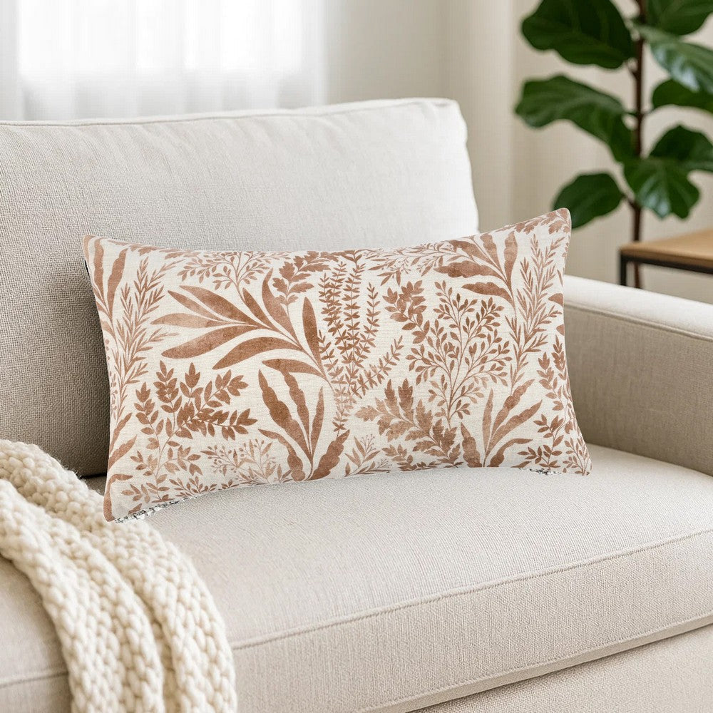 Mulo Lumbar Throw Pattern, Foliage Pattern 14x26 Inch Brown Flax Linen