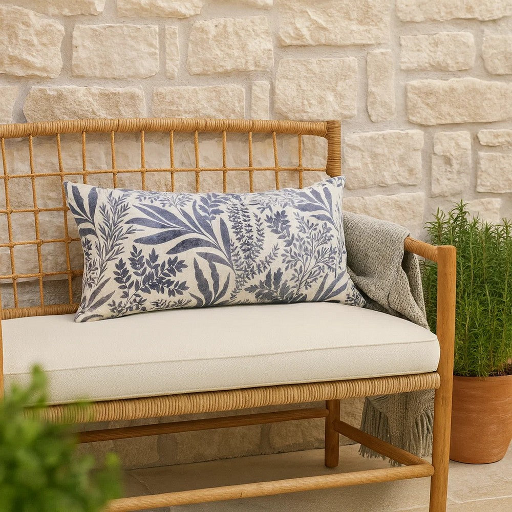 Mulo Lumbar Throw Pattern, Foliage Pattern, 14x26 Inch Blue Flax Linen