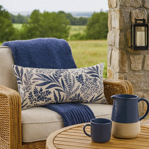 Mulo Lumbar Throw Pattern, Foliage Pattern, 14x26 Inch Blue Flax Linen