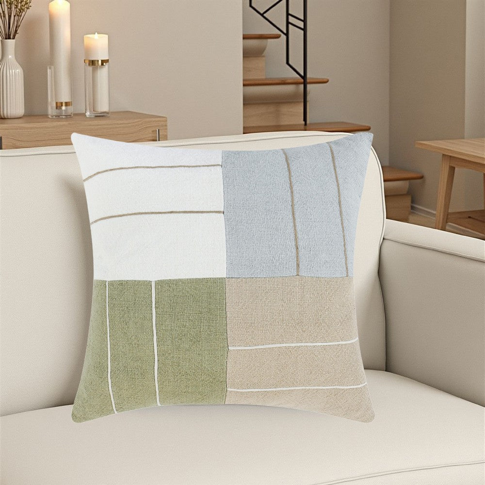 Throw Pillow, Square 22 Inch Jute Embroidery, White Blue Beige Green