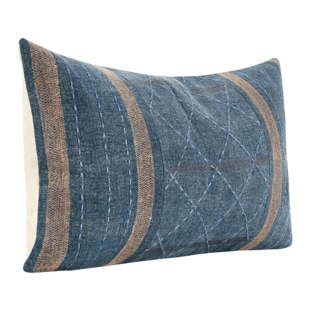 Rijo Lumbar Throw Pillow 14x26 Inch Hand Embroidery Denim Blue Linen BM331553