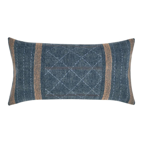 Rijo Lumbar Throw Pillow, 14x26 Inch Hand Embroidery, Denim Blue Linen