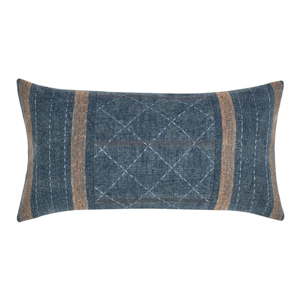 Rijo Lumbar Throw Pillow, 14x26 Inch Hand Embroidery, Denim Blue Linen
