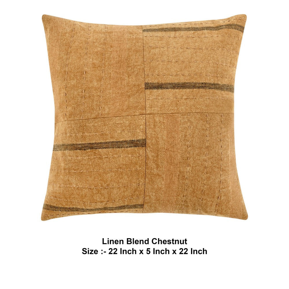 Rijo Throw Pillow Square 22 Inch Hand Embroidery Brown Flax Linen BM331554