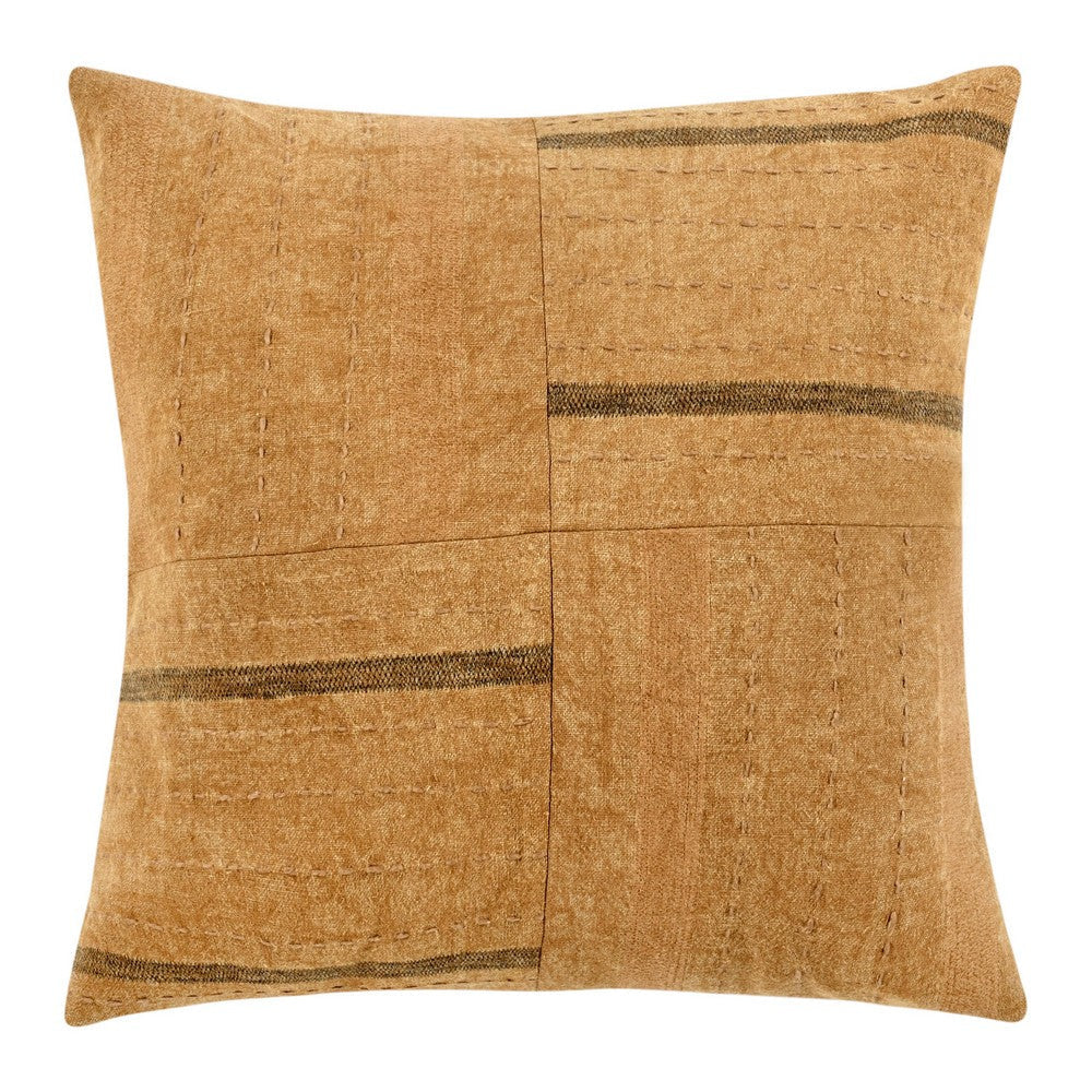 Rijo Throw Pillow Square 22 Inch Hand Embroidery Brown Flax Linen BM331554