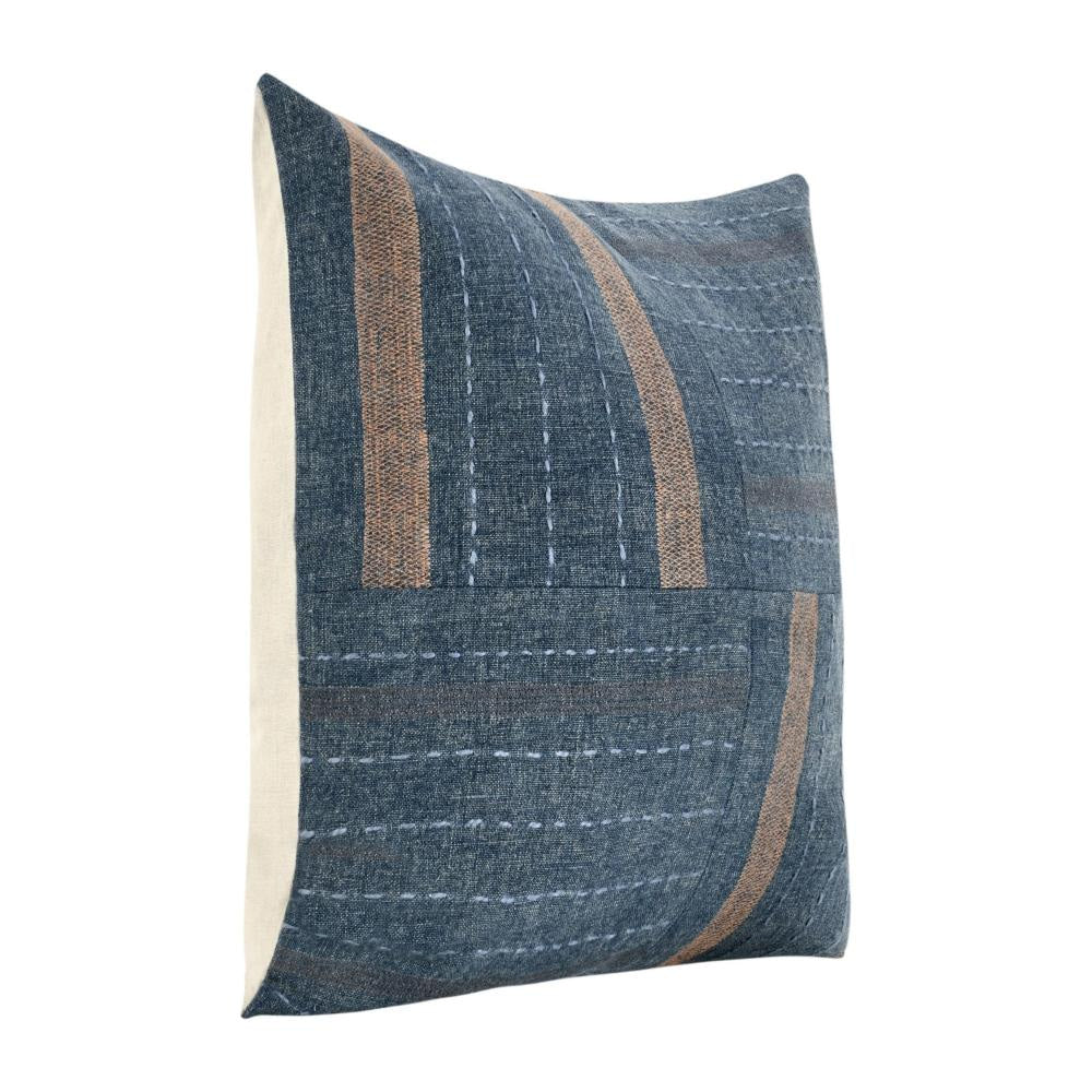 Rijo Throw Pillow Square 22 Inch Hand Embroidery Denim Blue Linen BM331555