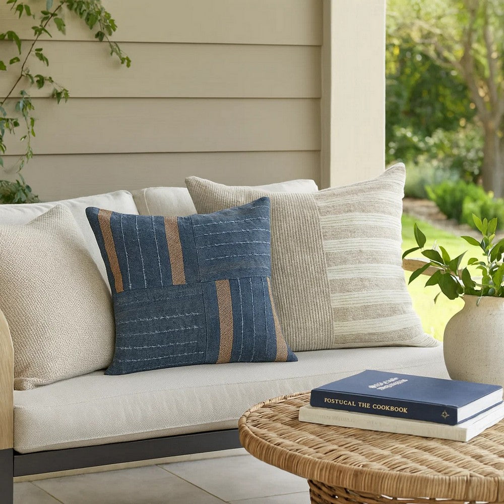 Rijo Throw Pillow, Square 22 Inch Hand Embroidery, Denim Blue Linen