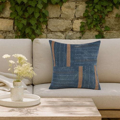 Rijo Throw Pillow, Square 22 Inch Hand Embroidery, Denim Blue Linen