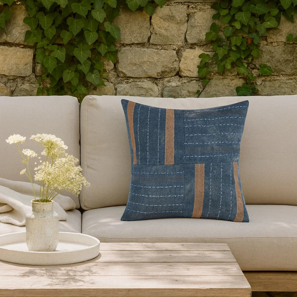 Rijo Throw Pillow, Square 22 Inch Hand Embroidery, Denim Blue Linen