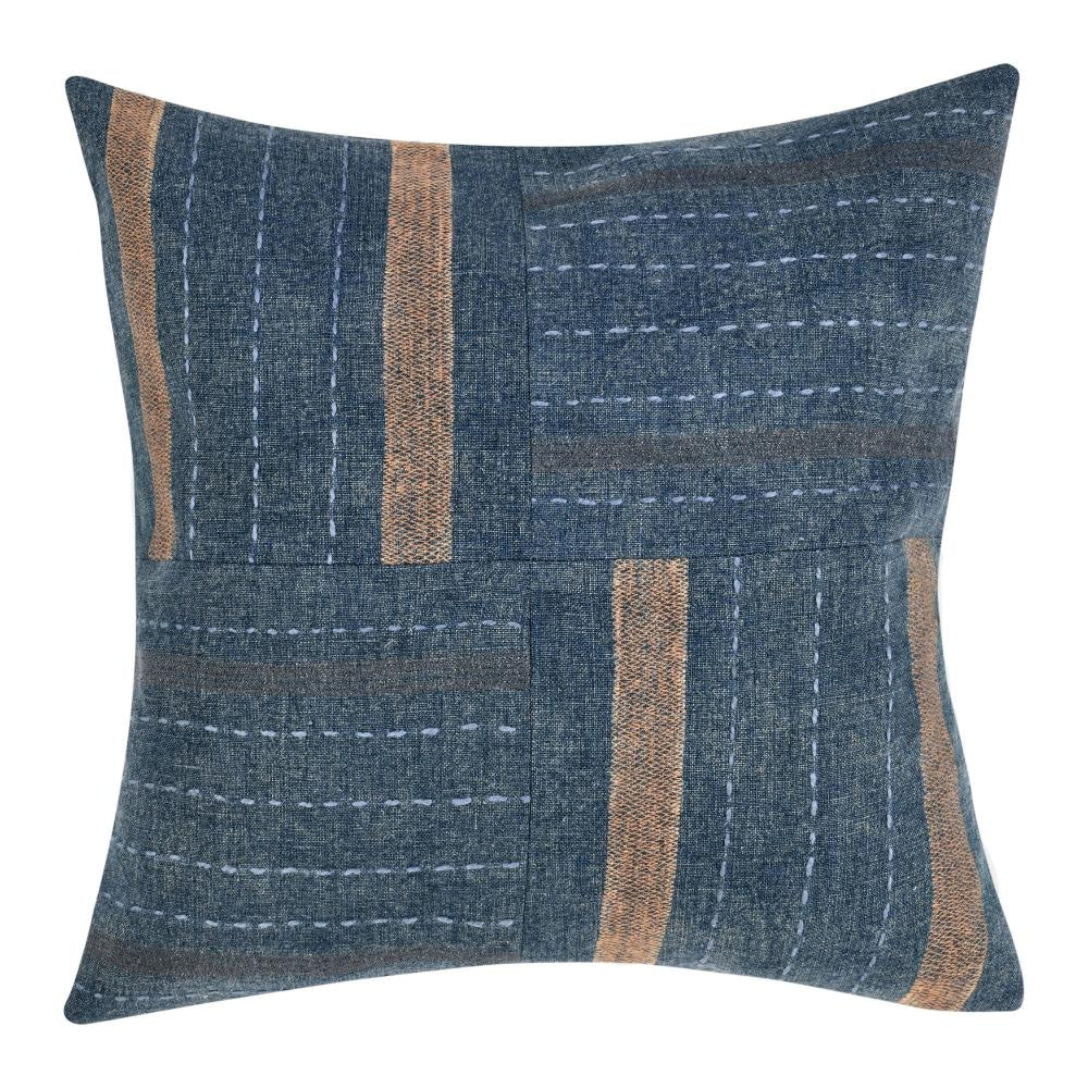 Rijo Throw Pillow, Square 22 Inch Hand Embroidery, Denim Blue Linen
