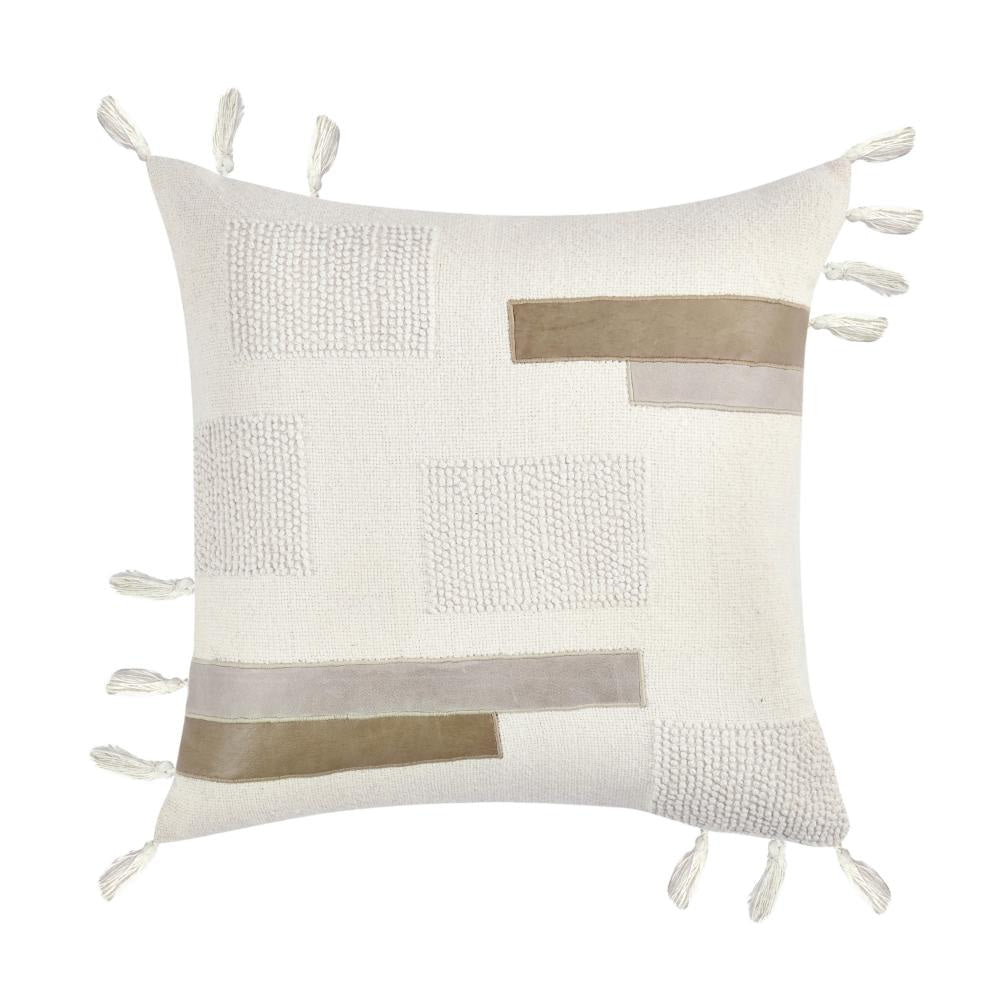 Throw Pillow, Tasseled Edges with Embroidery, 22 Inch Ivory Fabric