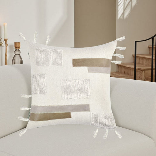 Throw Pillow, Tasseled Edges with Embroidery, 22 Inch Ivory Fabric