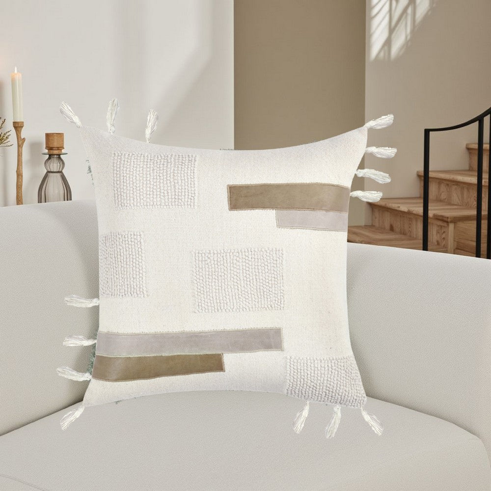 Throw Pillow, Tasseled Edges with Embroidery, 22 Inch Ivory Fabric