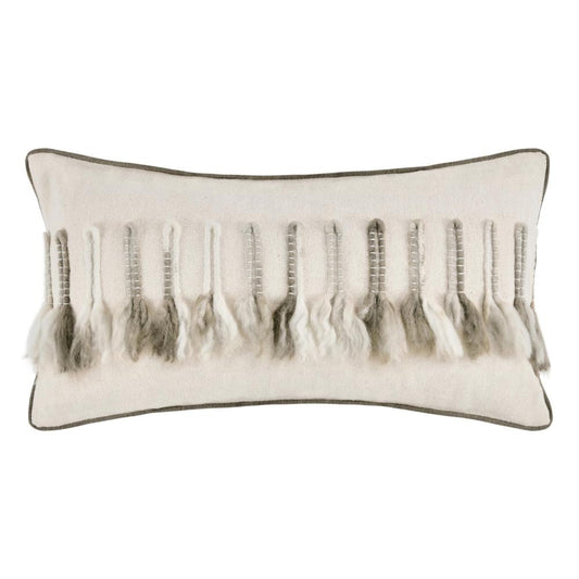 Broz Lumbar Throw Pillow, 14x26 Inch Wool Applique, Ivory Cotton Linen