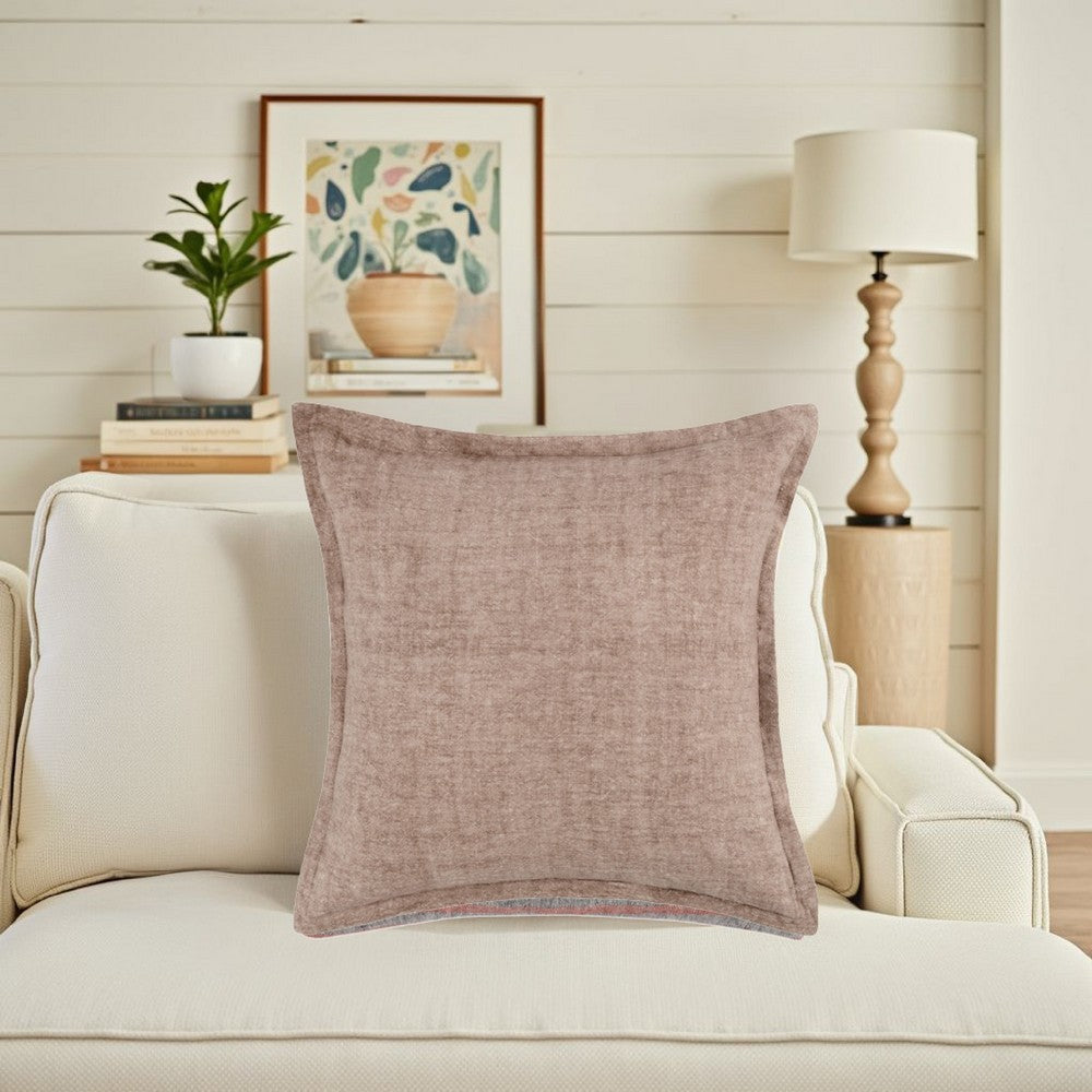 Pixie Throw Pillow, Self Flange, 22 Inch Light Brown Cotton Linen