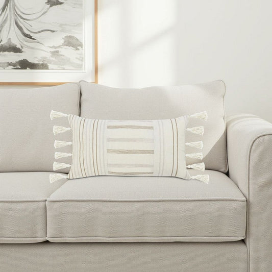 Pini Lumbar Throw Pillow, Boho Striped Design, 14x26 Inch Beige Linen