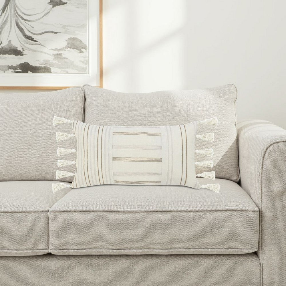 Pini Lumbar Throw Pillow, Boho Striped Design, 14x26 Inch Beige Linen