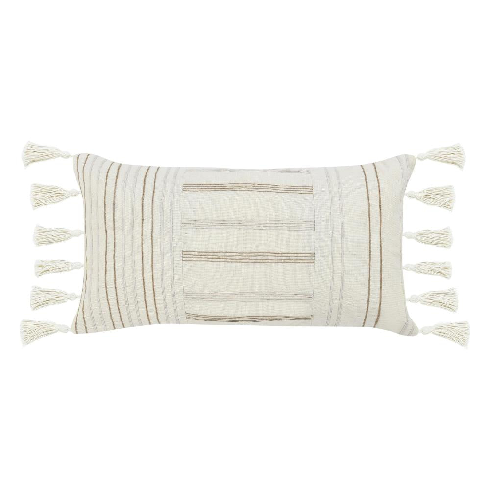 Pini Lumbar Throw Pillow, Boho Striped Design, 14x26 Inch Beige Linen