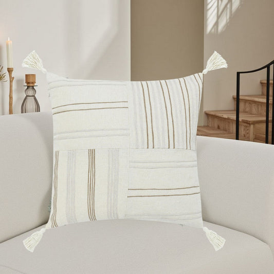 Pini Throw Pillow, Boho Design Stripe Pattern, 22 Inch Beige Linen