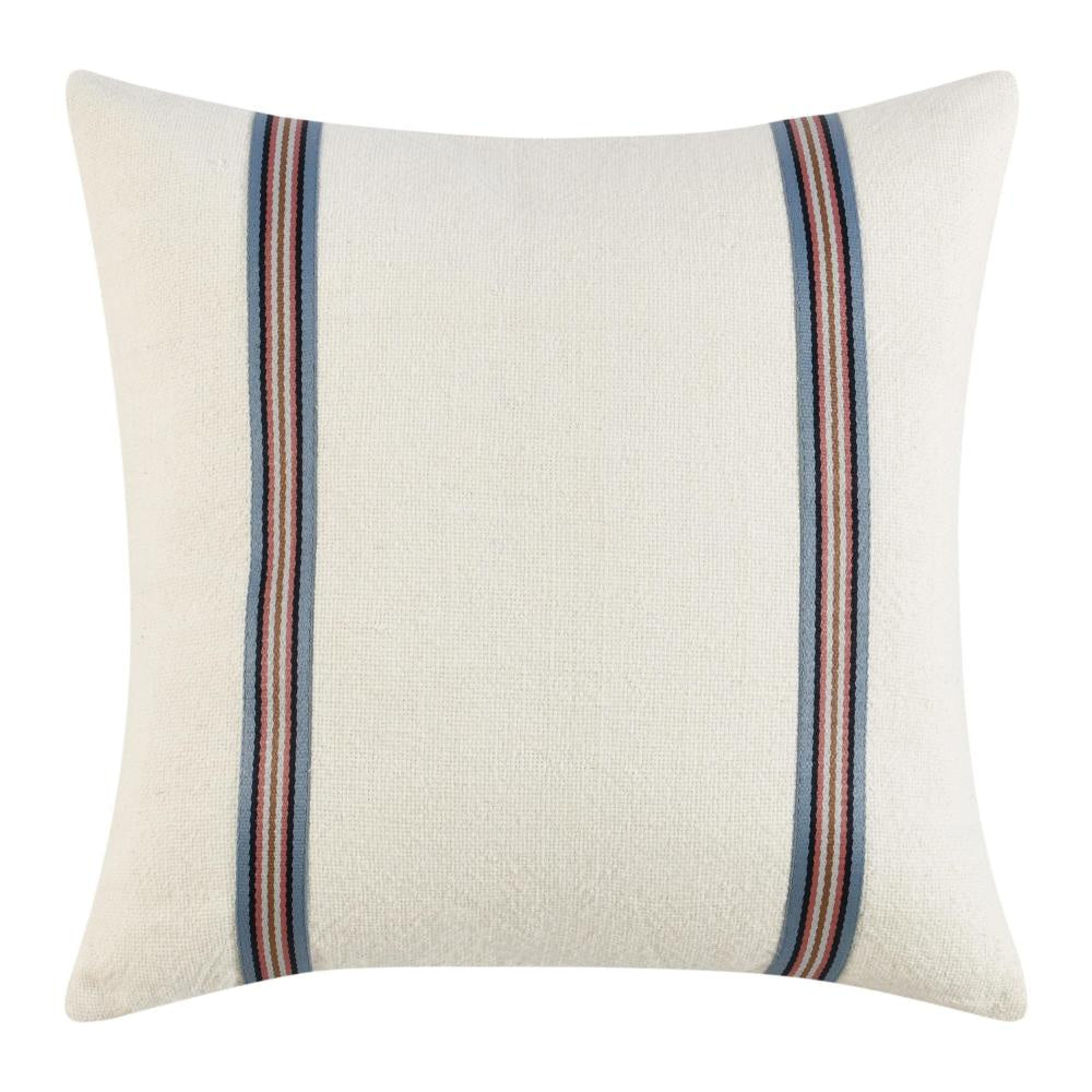 Throw Pillow, 22 Inch Polyester Tape Design, White Cotton Linen Blend