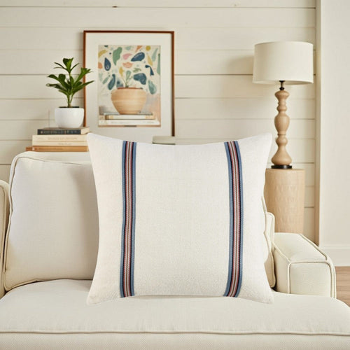 Throw Pillow, 22 Inch Polyester Tape Design, White Cotton Linen Blend