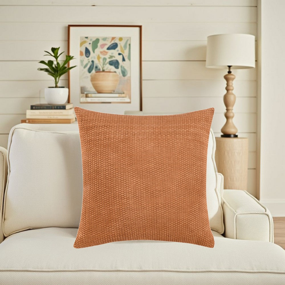 Sino Throw Pillow, Woven Basket Design, 18 Inch Brown Suede Leather