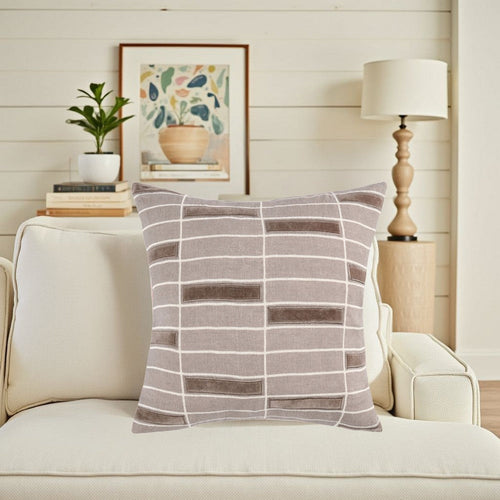 Throw Pillow 22 Inch Hand Screen Print Geometric Design Brown Linen BM331574