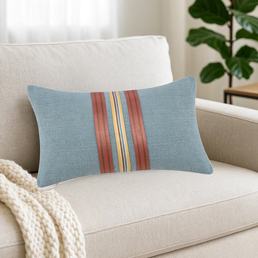 Reto Lumbar Throw Pillow, 14x26in Striped Applique, Blue Cotton Linen