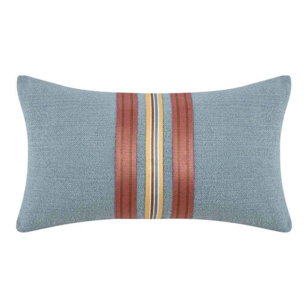 Reto Lumbar Throw Pillow, 14x26in Striped Applique, Blue Cotton Linen