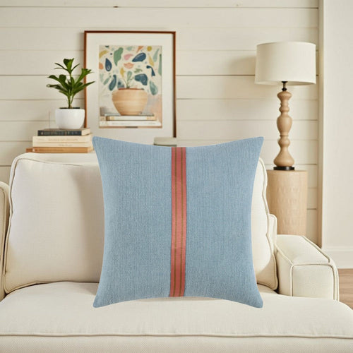 Reto Throw Pillow 22 Inch Striped Tape Applique Blue Cotton Linen BM331576