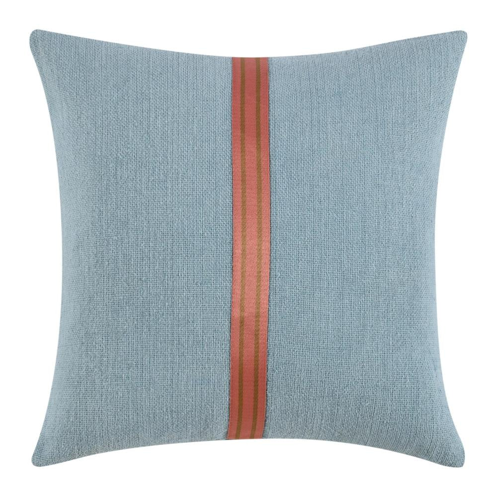 Reto Throw Pillow, 22 Inch Striped Tape Applique, Blue Cotton Linen