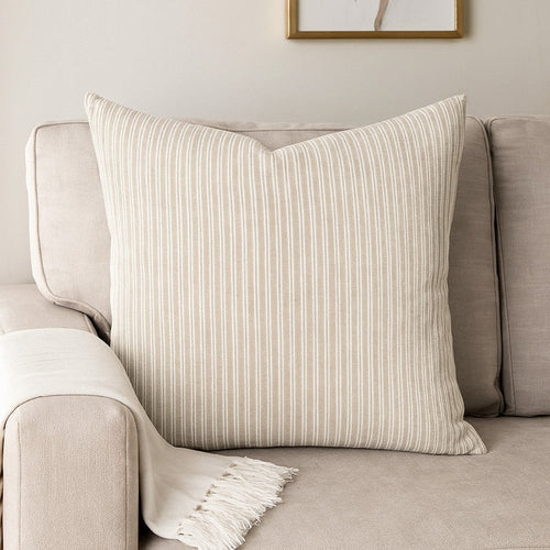 Irma Throw Pillow, 22 Inch Stripe Pattern, Beige Cotton Linen Blend
