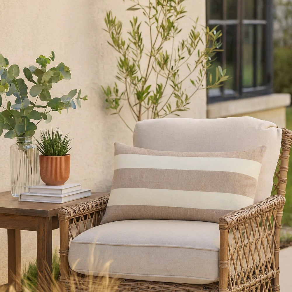 Lumbar Throw Pillow, 14x26 Inch Horizontal Stripes, White, Brown Linen